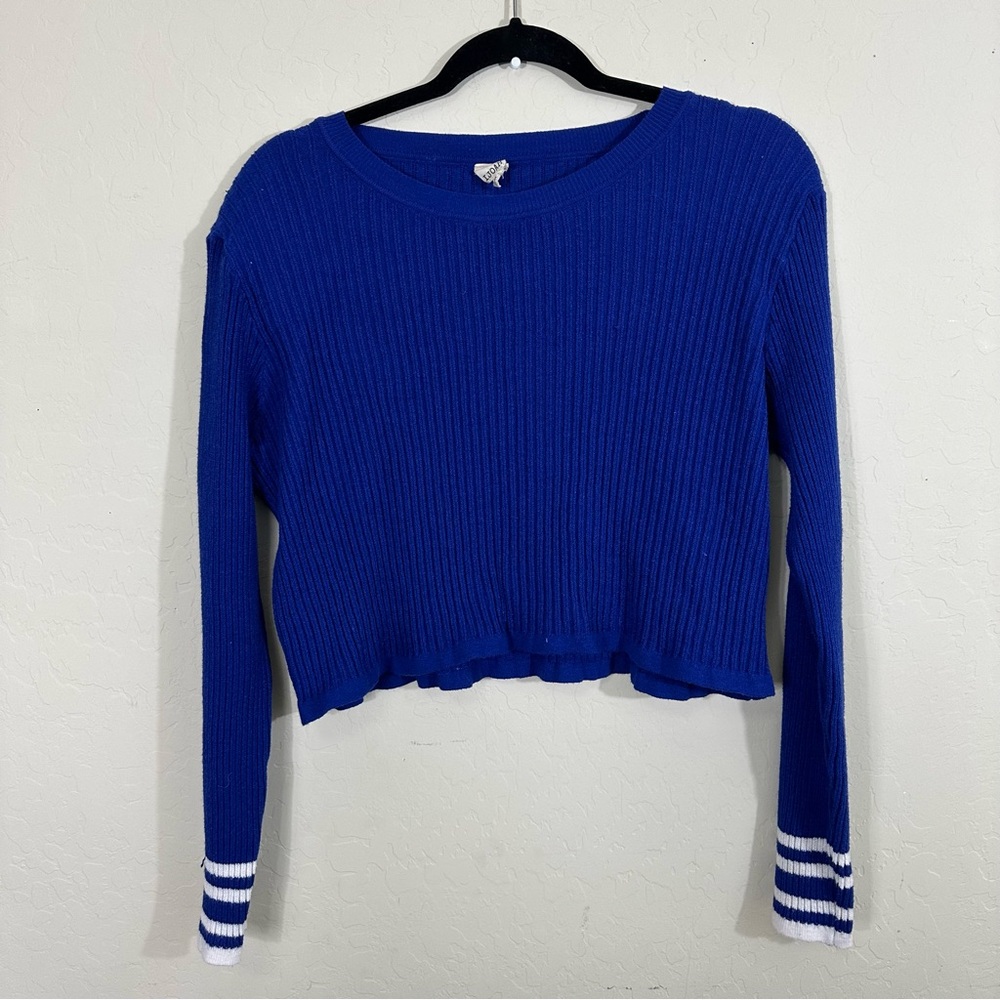 Women’s Large Long Sleeve Cropped Blue and White Ribbed Sweater